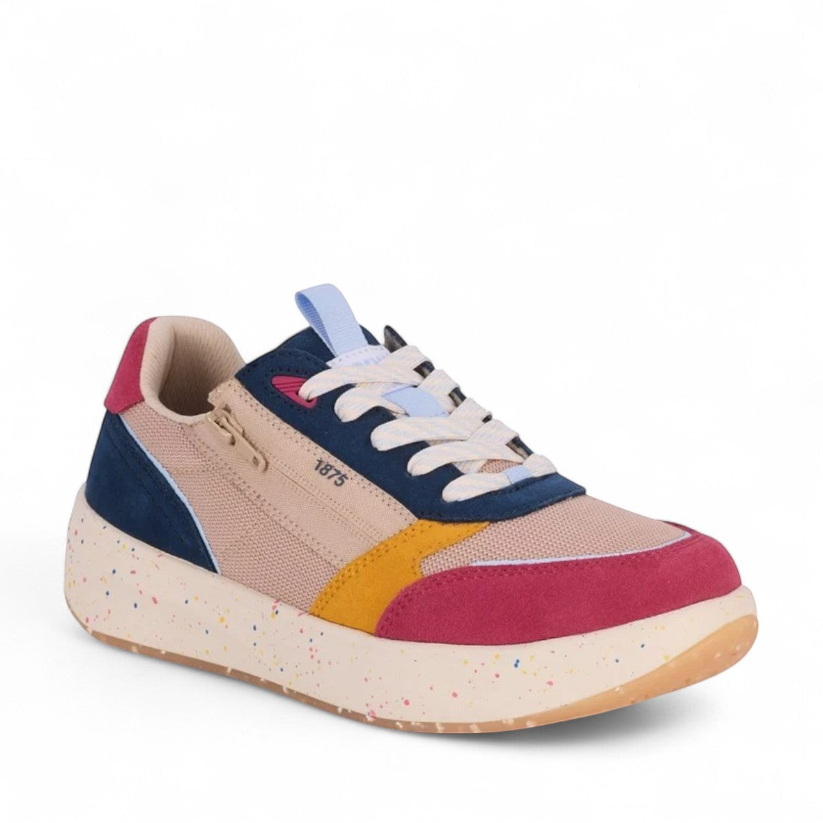 Drew Happy multicolor orthopedic sneaker, rear view showing padded heel, side zippers, and speckled sole.
