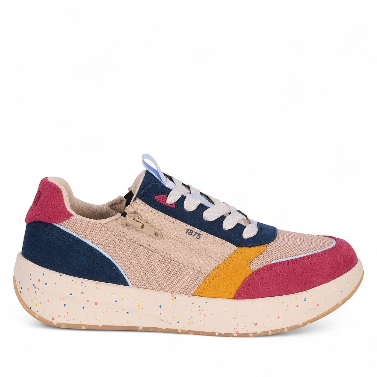 Drew Happy multicolor orthopedic sneaker, rear view showing padded heel, side zippers, and speckled sole.