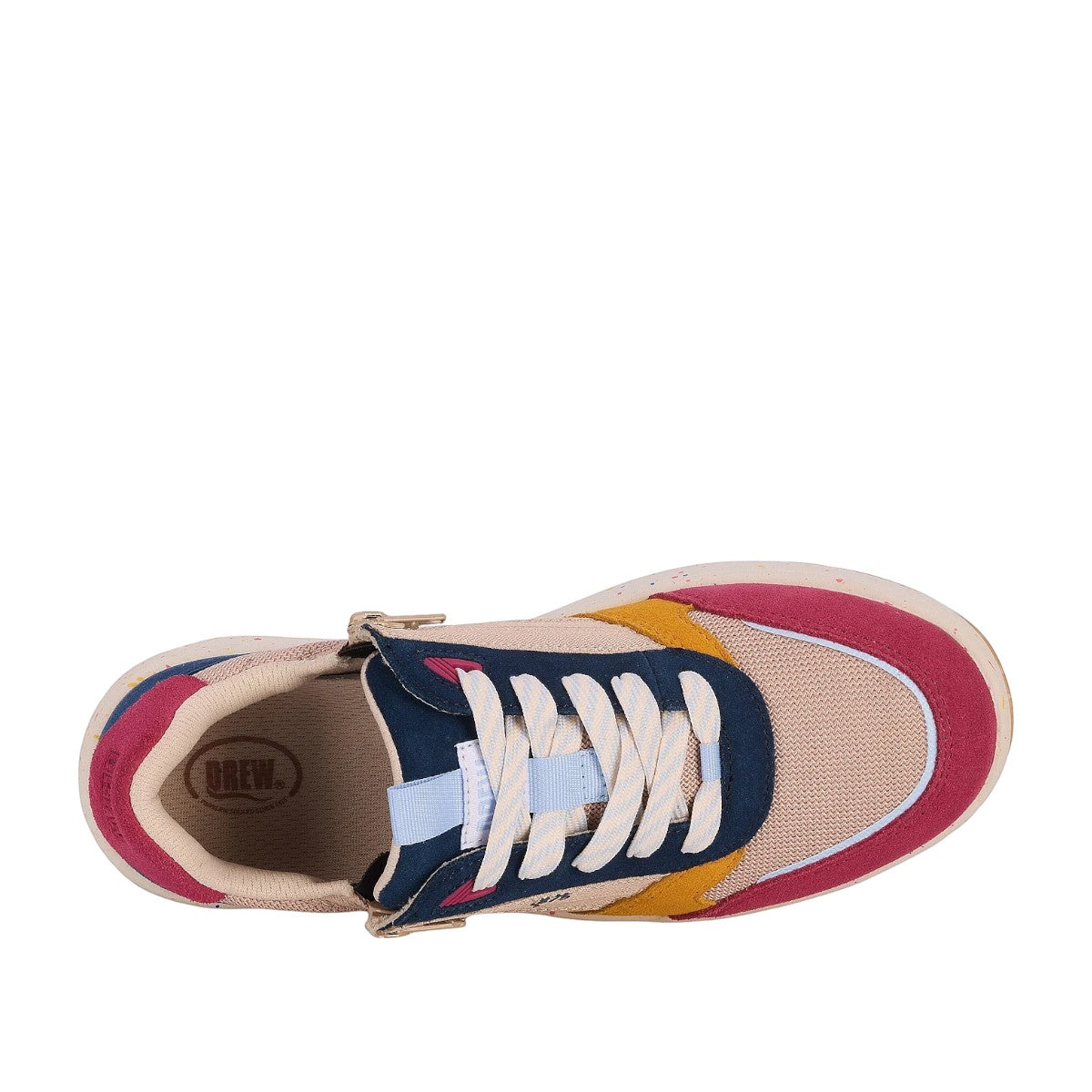 Drew Happy multicolor orthopedic sneaker, rear view showing padded heel, side zippers, and speckled sole.