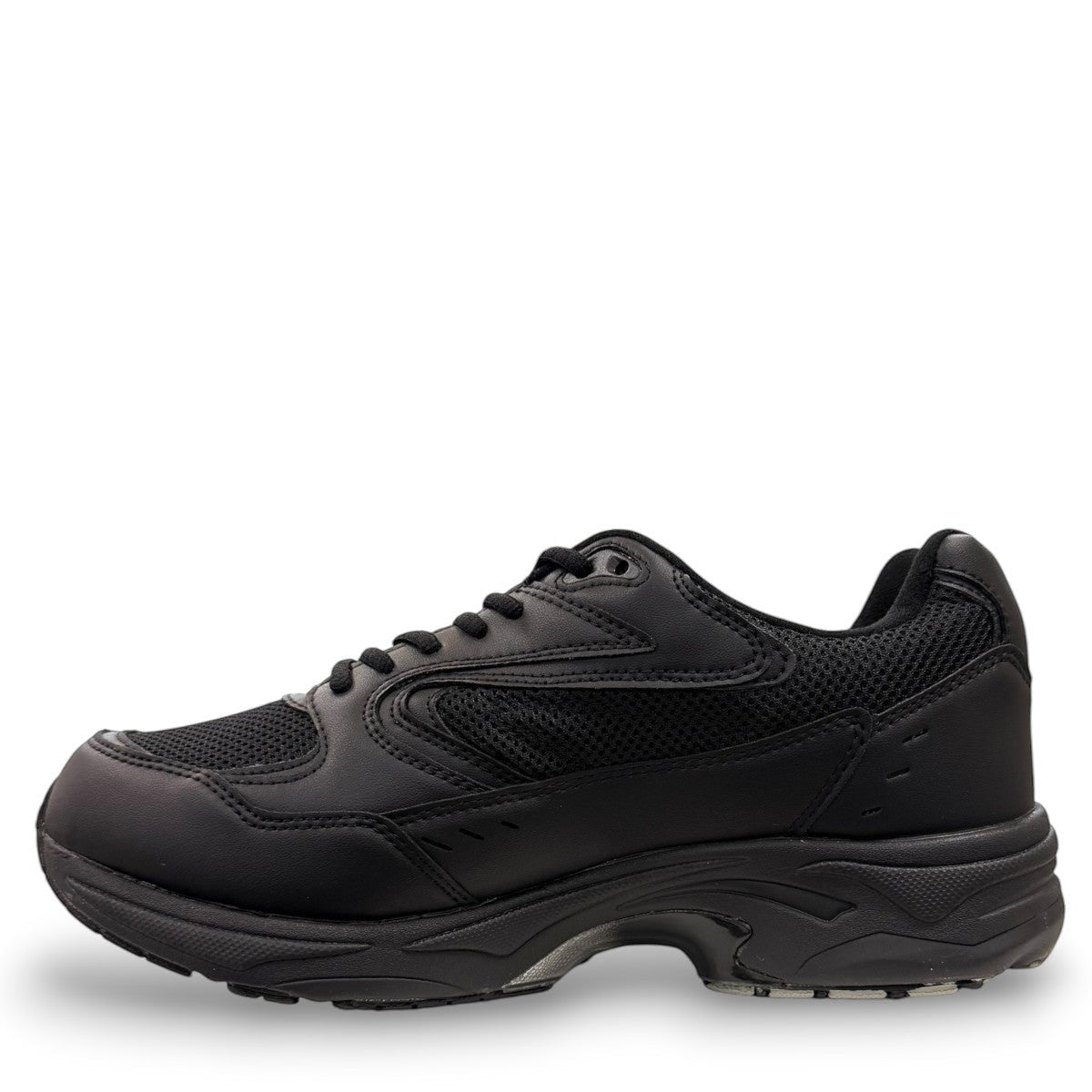 Drew Lance black mesh orthopedic walking shoe showing the durable rubber rocker bottom outsole