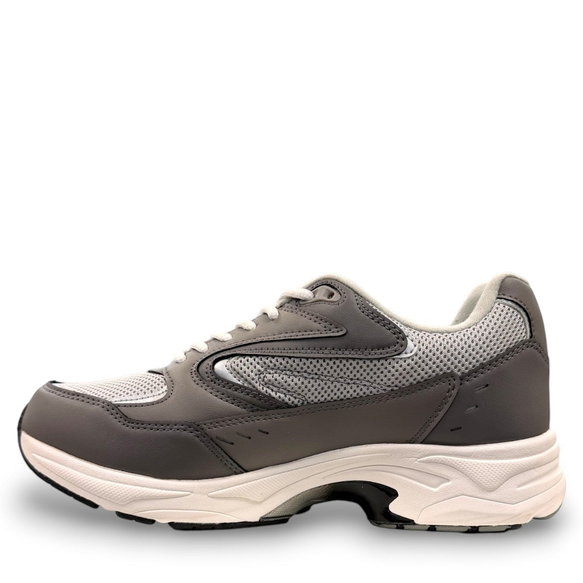 Drew Lance grey mesh combo walking shoe showing the durable rubber rocker bottom outsole and dual shank system.