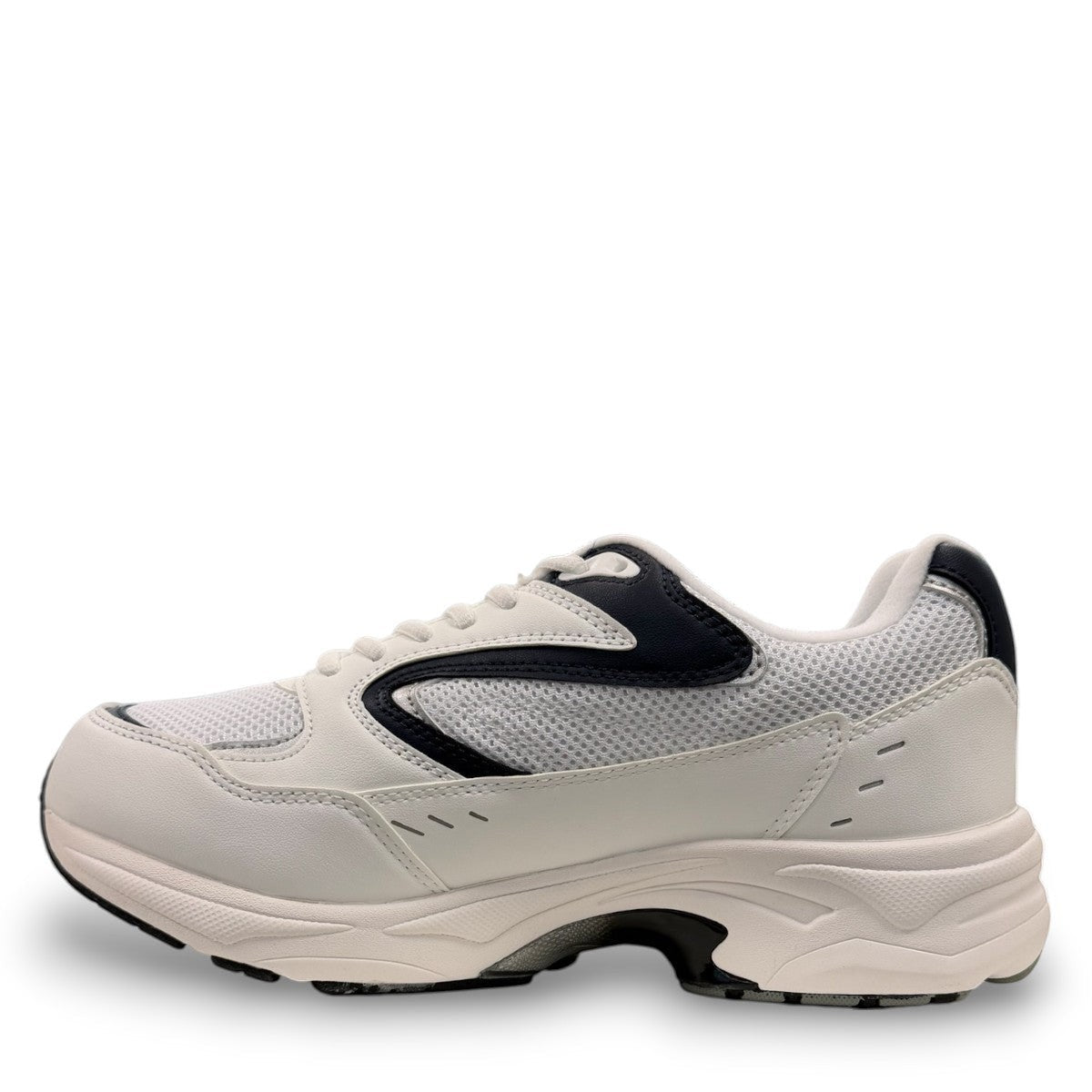 Drew Lance white mesh combo-orthopedic walking shoe with dual shank stability and rocker bottom sole.