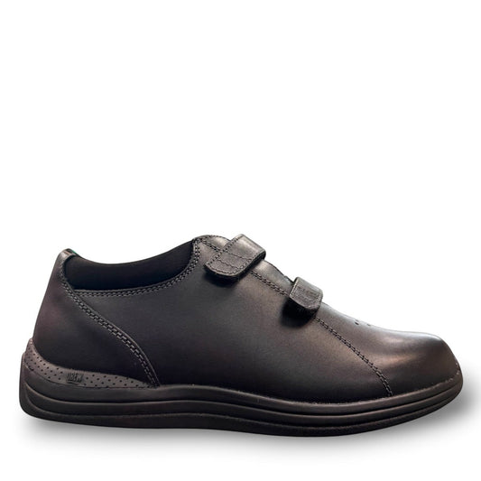 Drew Lotus black calf leather casual shoe showing the slip-resistant rubber outsole and heel detail