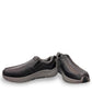 Drew Match black pebbled leather slip-on shoe showing the textured rubber rocker bottom outsole