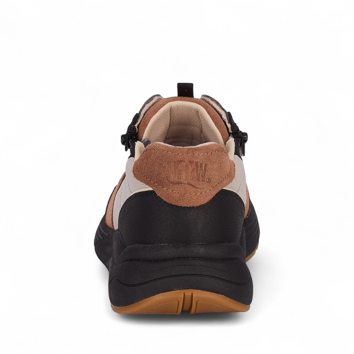 Drew Miller tan combo sneaker showing the slip-resistant rubber rocker bottom outsole