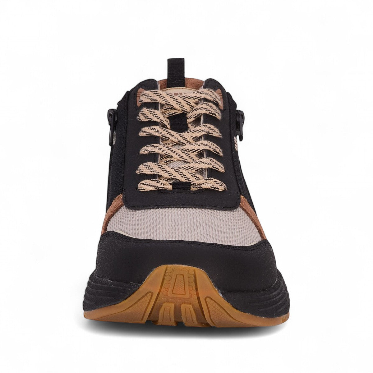 Drew Miller tan combo sneaker showing the slip-resistant rubber rocker bottom outsole