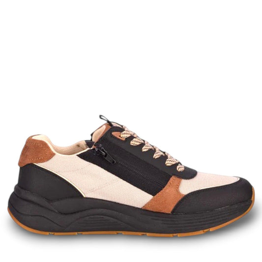 Drew Miller tan combo sneaker showing the slip-resistant rubber rocker bottom outsole