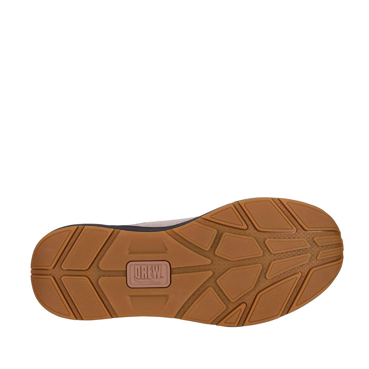 Drew Miller tan combo sneaker showing the slip-resistant rubber rocker bottom outsole