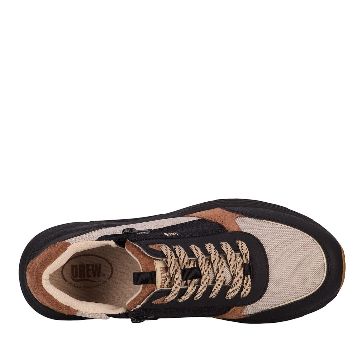 Drew Miller tan combo sneaker showing the slip-resistant rubber rocker bottom outsole