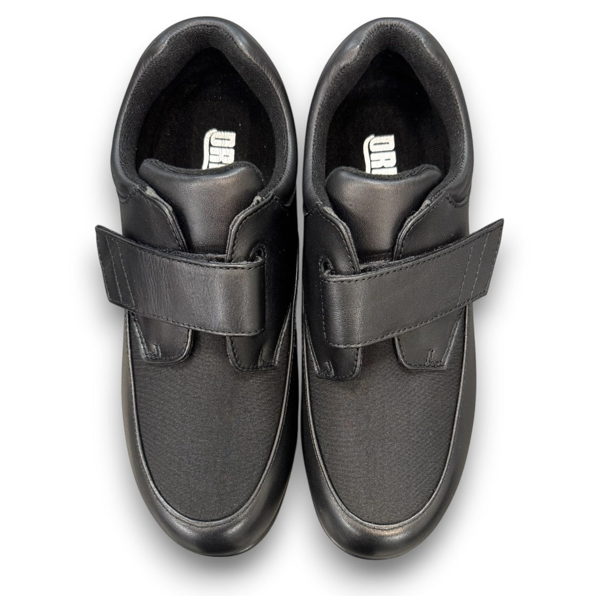 Drew Quest black leather and stretch casual shoe showing the durable polyurethane rocker outsole.   orthopedic