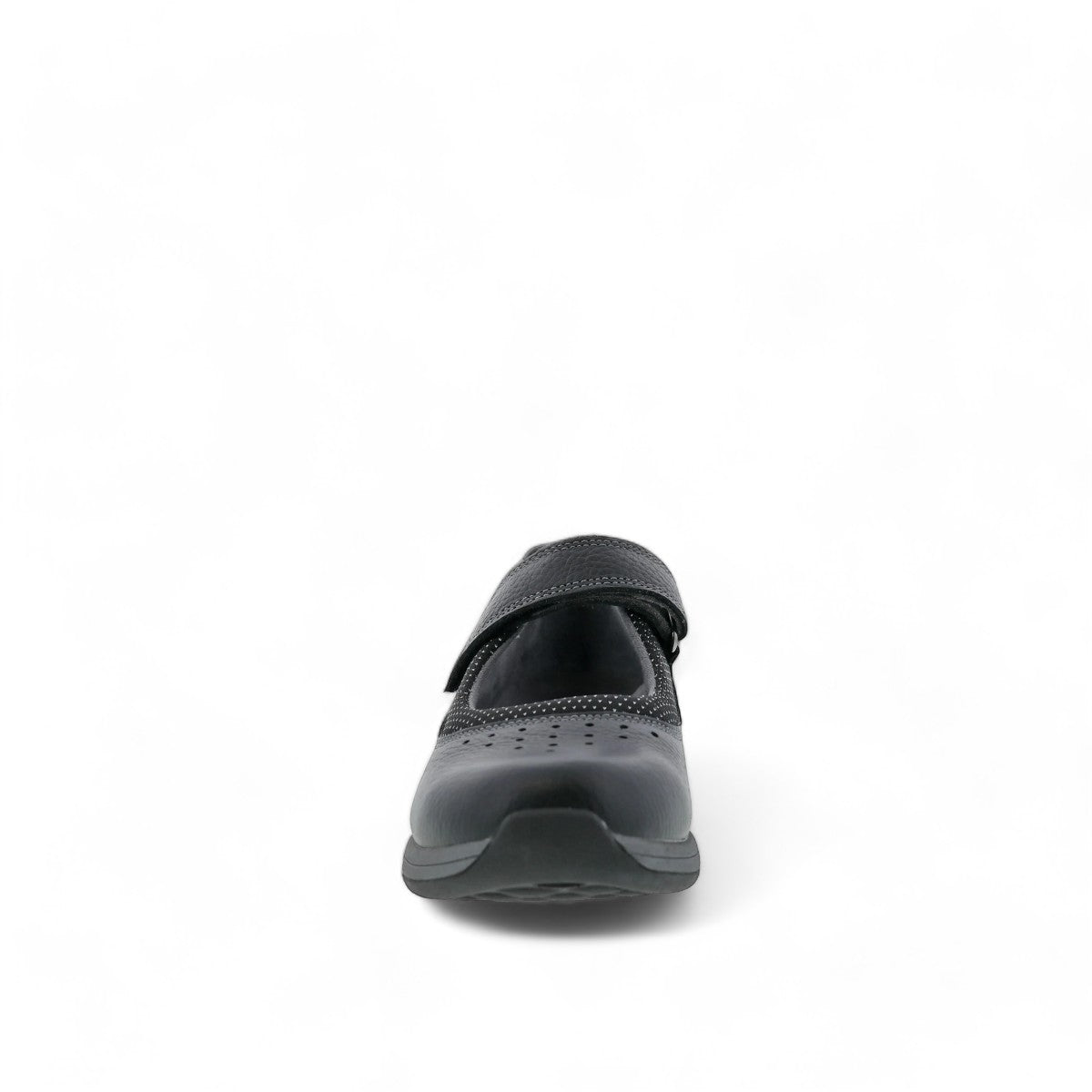 Drew Trust black leather shoe showing the slip-resistant polyurethane outsole tread pattern