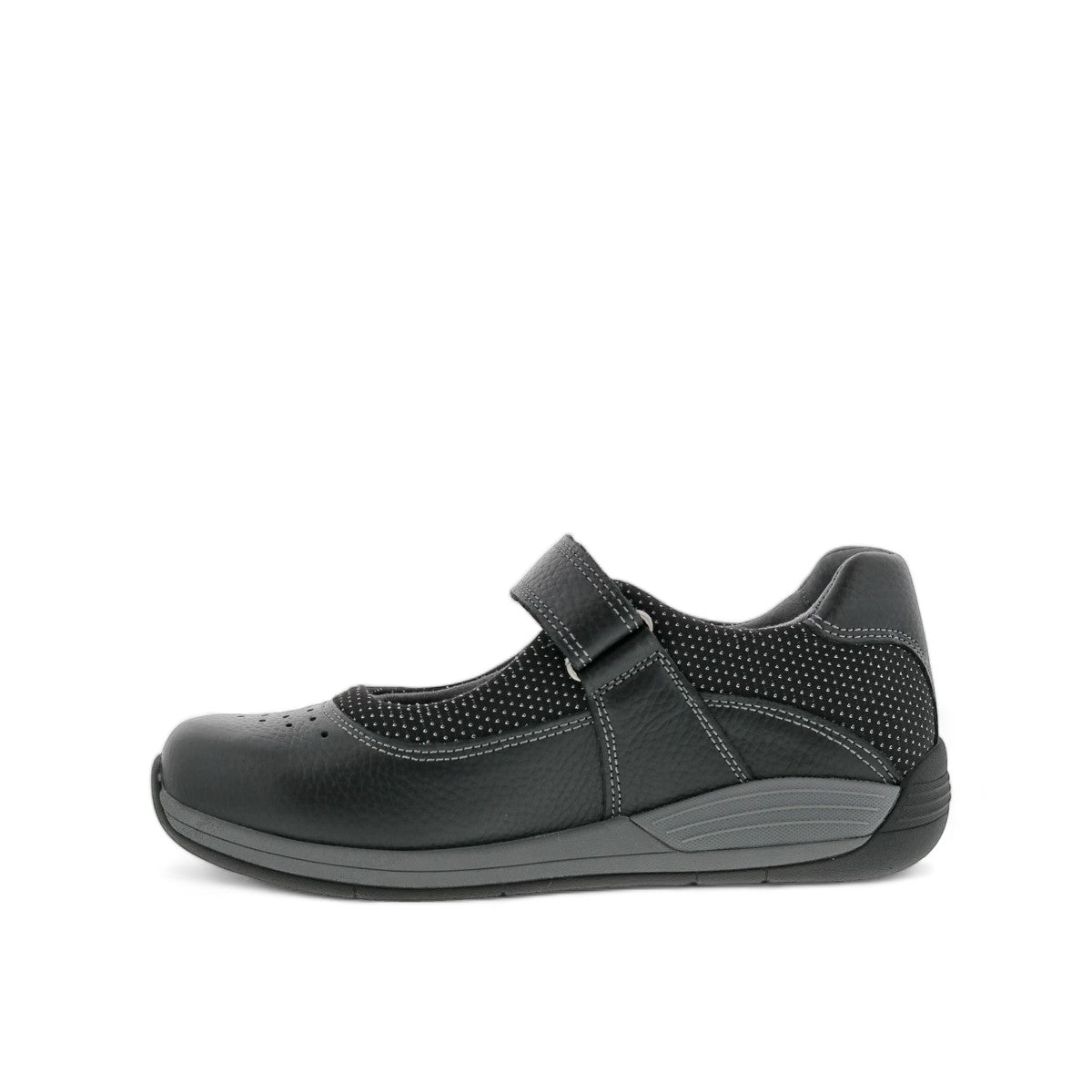 Drew Trust black leather shoe showing the slip-resistant polyurethane outsole tread pattern