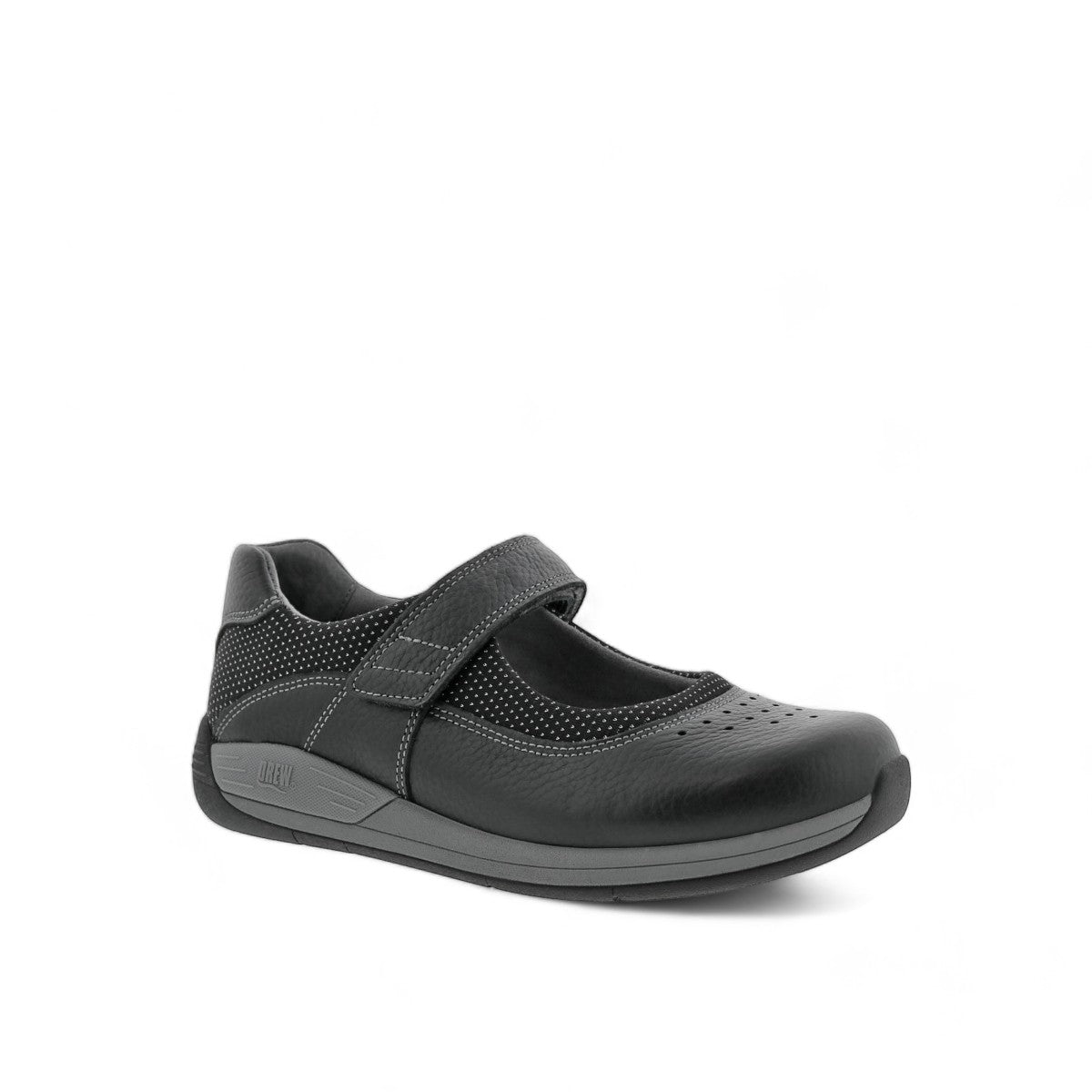 Drew Trust black leather shoe showing the slip-resistant polyurethane outsole tread pattern