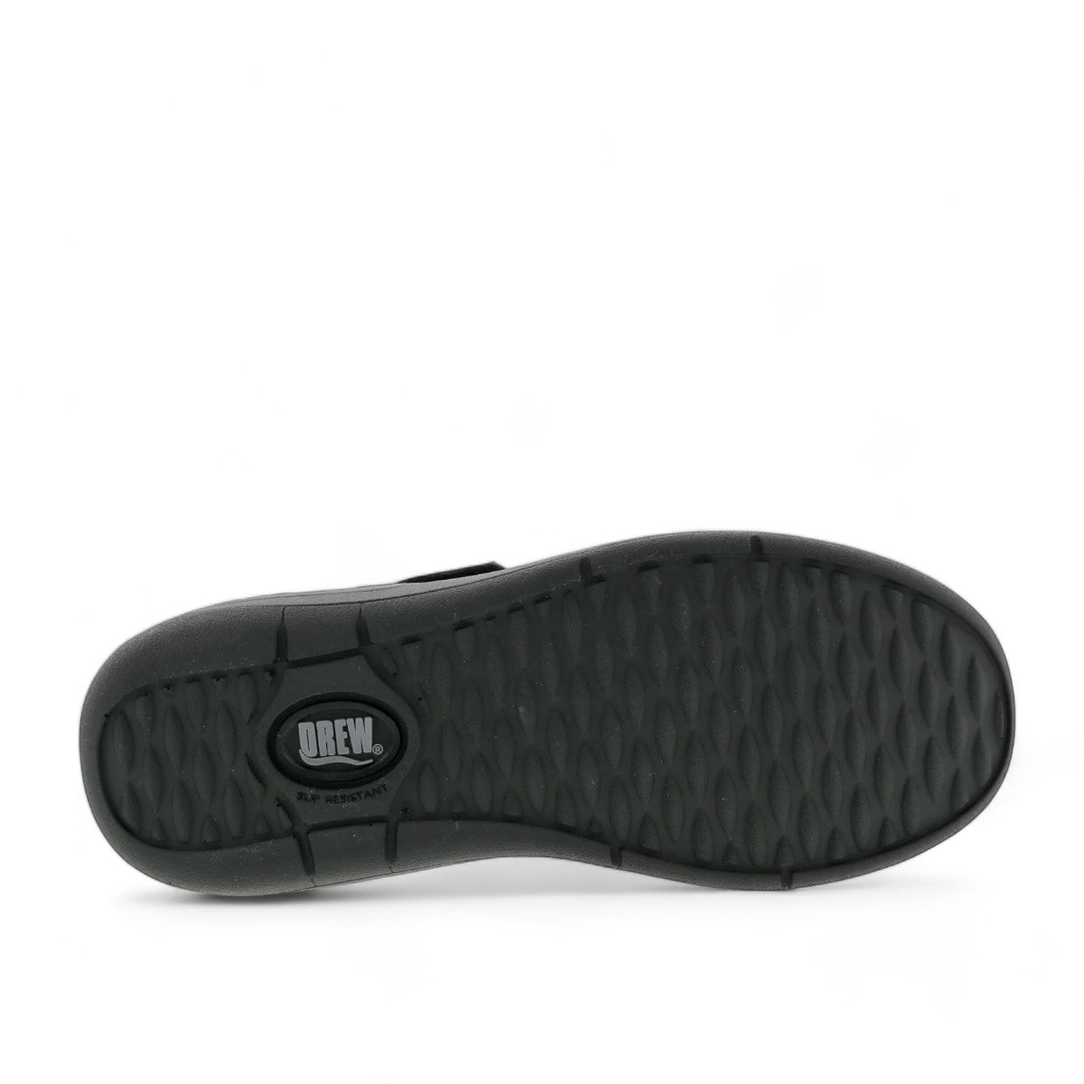 Drew Trust black leather shoe showing the slip-resistant polyurethane outsole tread pattern