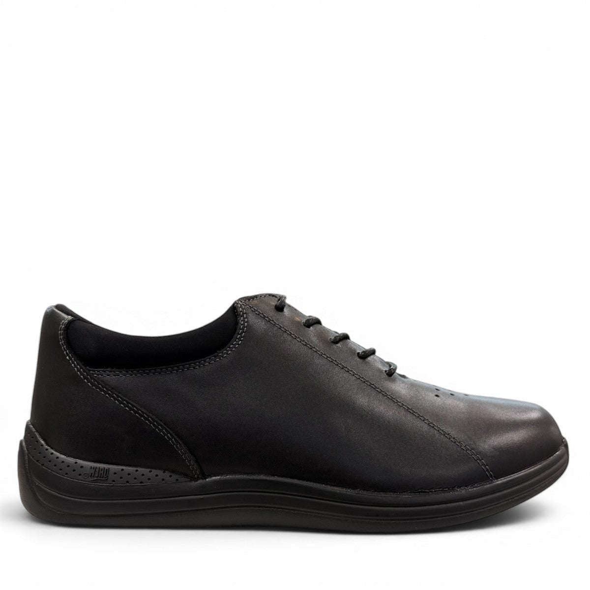 Drew Tulip black calf leather orthopedic shoe showing the slip-resistant tread and heel stabilizer