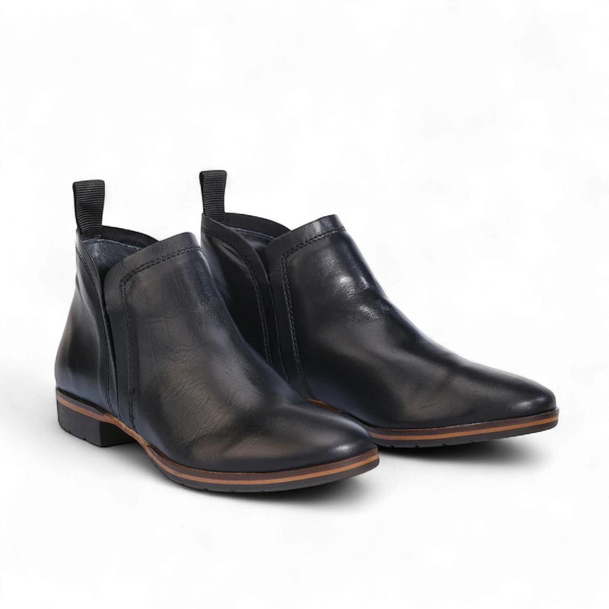EOS Melborn Gaid black leather ankle boots featuring elastic side gussets and a pull tab on a rubber outsole. Photo of side views.