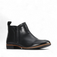 EOS Melborn Gaid black leather ankle boots featuring elastic side gussets and a pull tab on a rubber outsole. Photo of front side view.