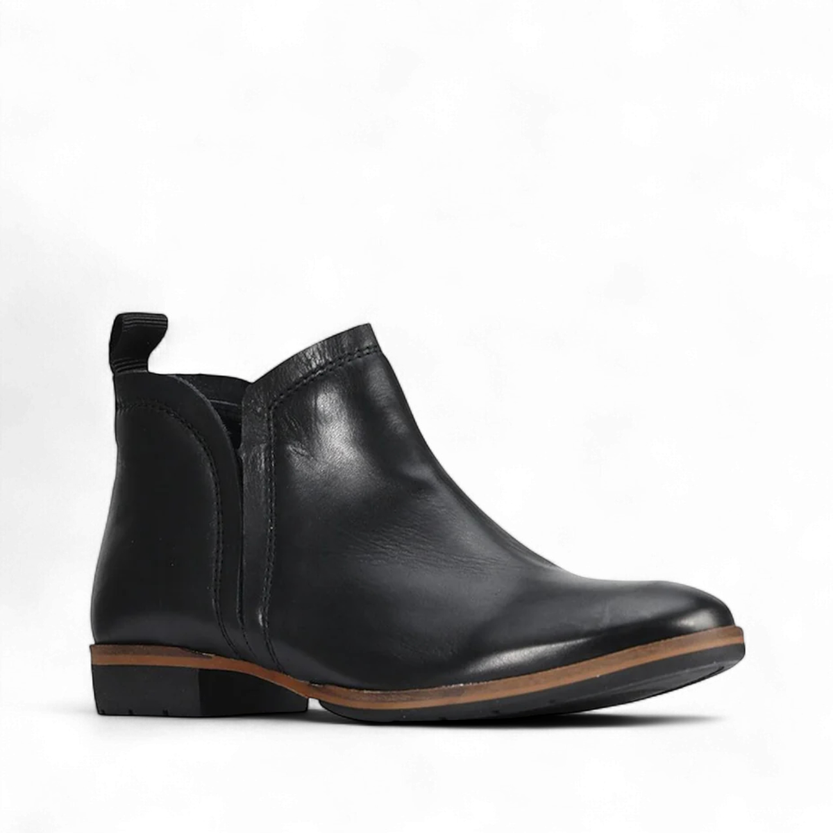 EOS Melborn Gaid black leather ankle boots featuring elastic side gussets and a pull tab on a rubber outsole. Photo of front side view.