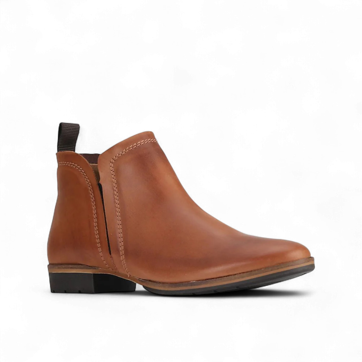 EOS MELBORN GAID brandy leather ankle boots with elastic side gussets and a pull tab on a rubber outsole. Photo of front side view.