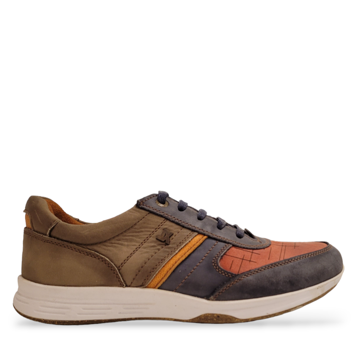 Sina Footwear Ever Life 01 multi-colored men's sneakers featuring leather and suede panels with a white rubber sole. Photo of side view.