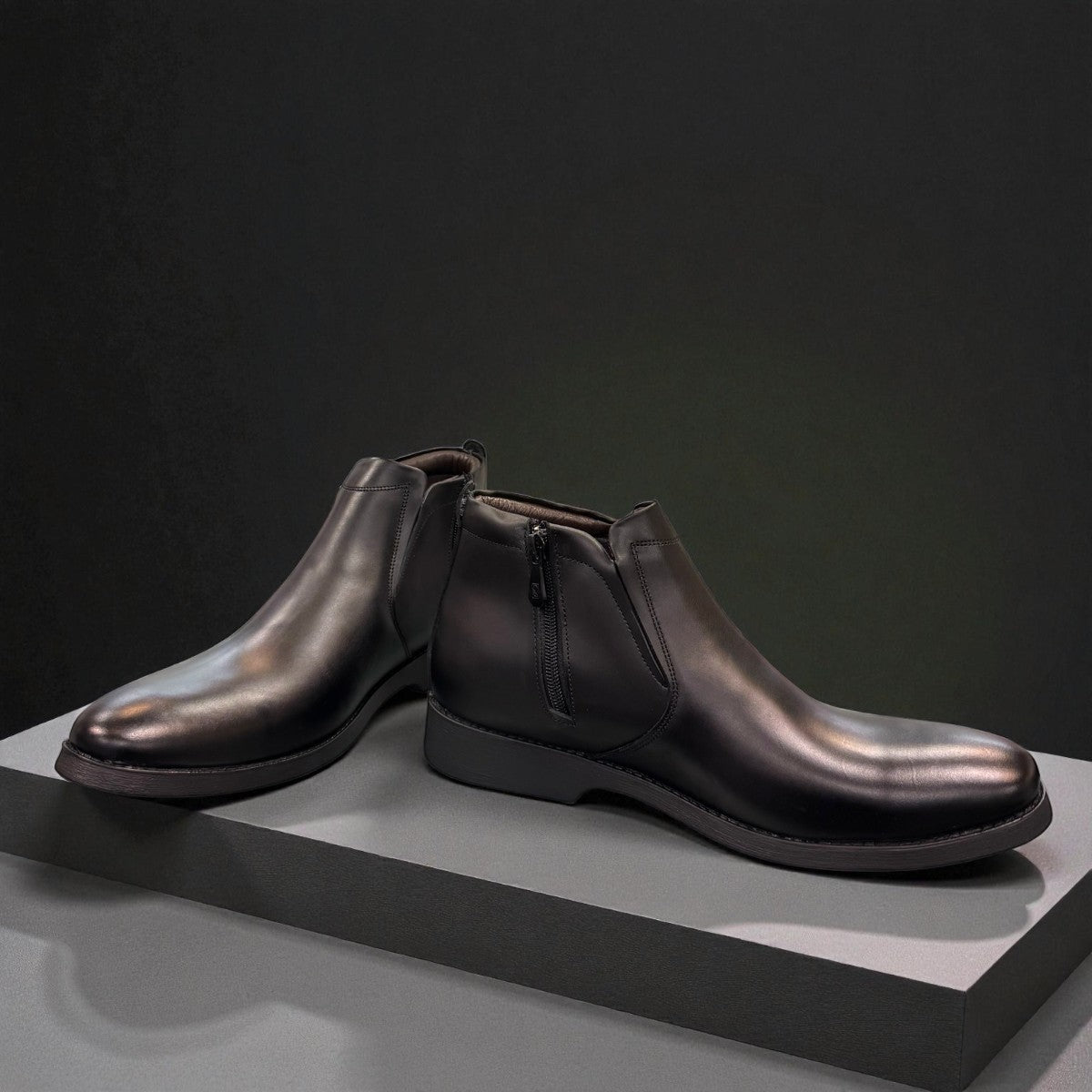 Exon Caspian black leather ankle boots for men with a rubber outsole and side zipper detail. Photo of front side view 2.