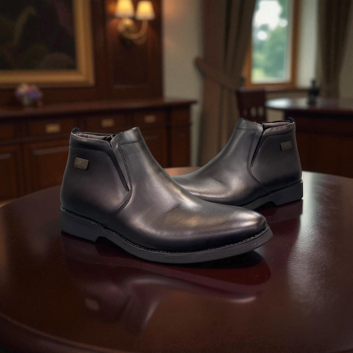 Exon Caspian black leather ankle boots for men with a rubber outsole and side zipper detail. Photo of front side view 1.