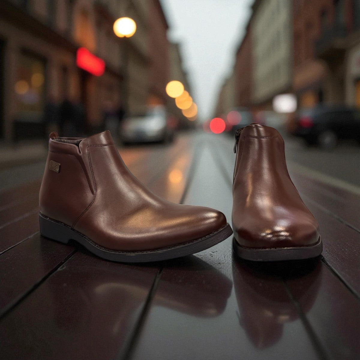 Exon Caspian dark brown leather ankle boots for men with a durable rubber outsole and side branding. Photo of front side view 2.