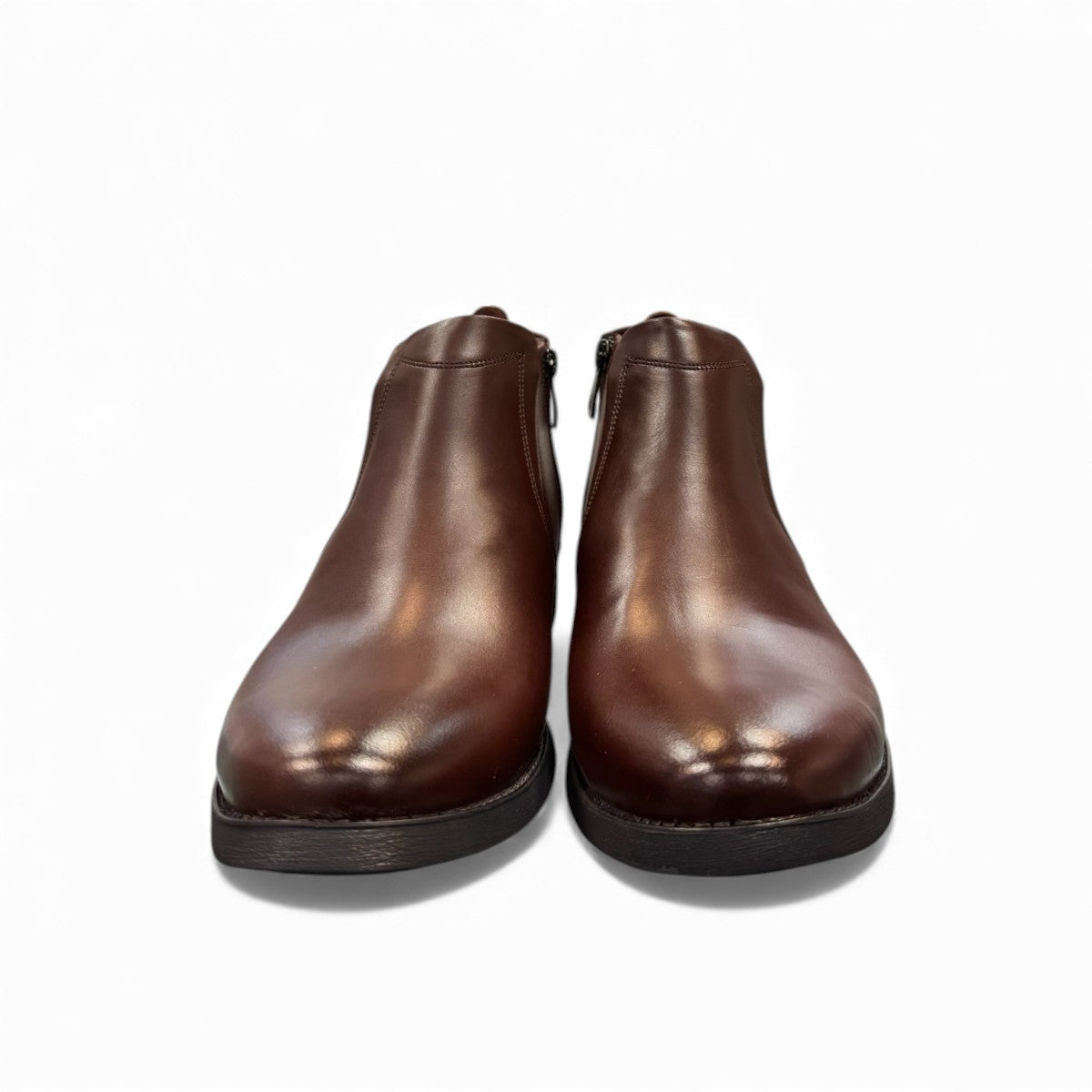 Exon Caspian dark brown leather ankle boots for men with a durable rubber outsole and side branding. Photo of front view.