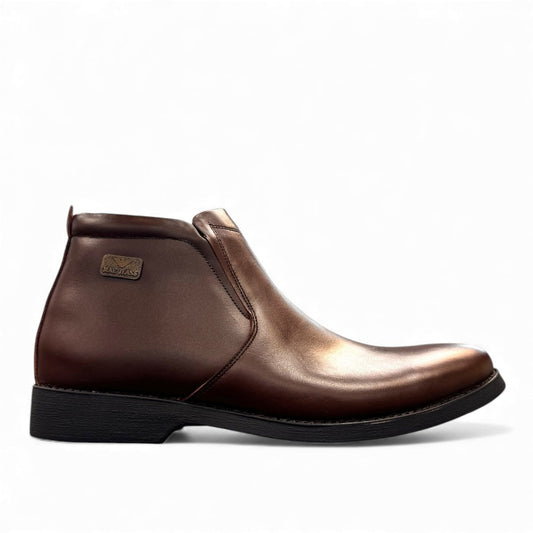 Exon Caspian dark brown leather ankle boots for men with a durable rubber outsole and side branding. Photo of right side view.