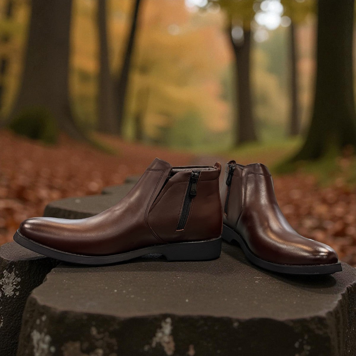 Exon Caspian dark brown leather ankle boots for men with a durable rubber outsole and side branding. Photo of front side view 1.