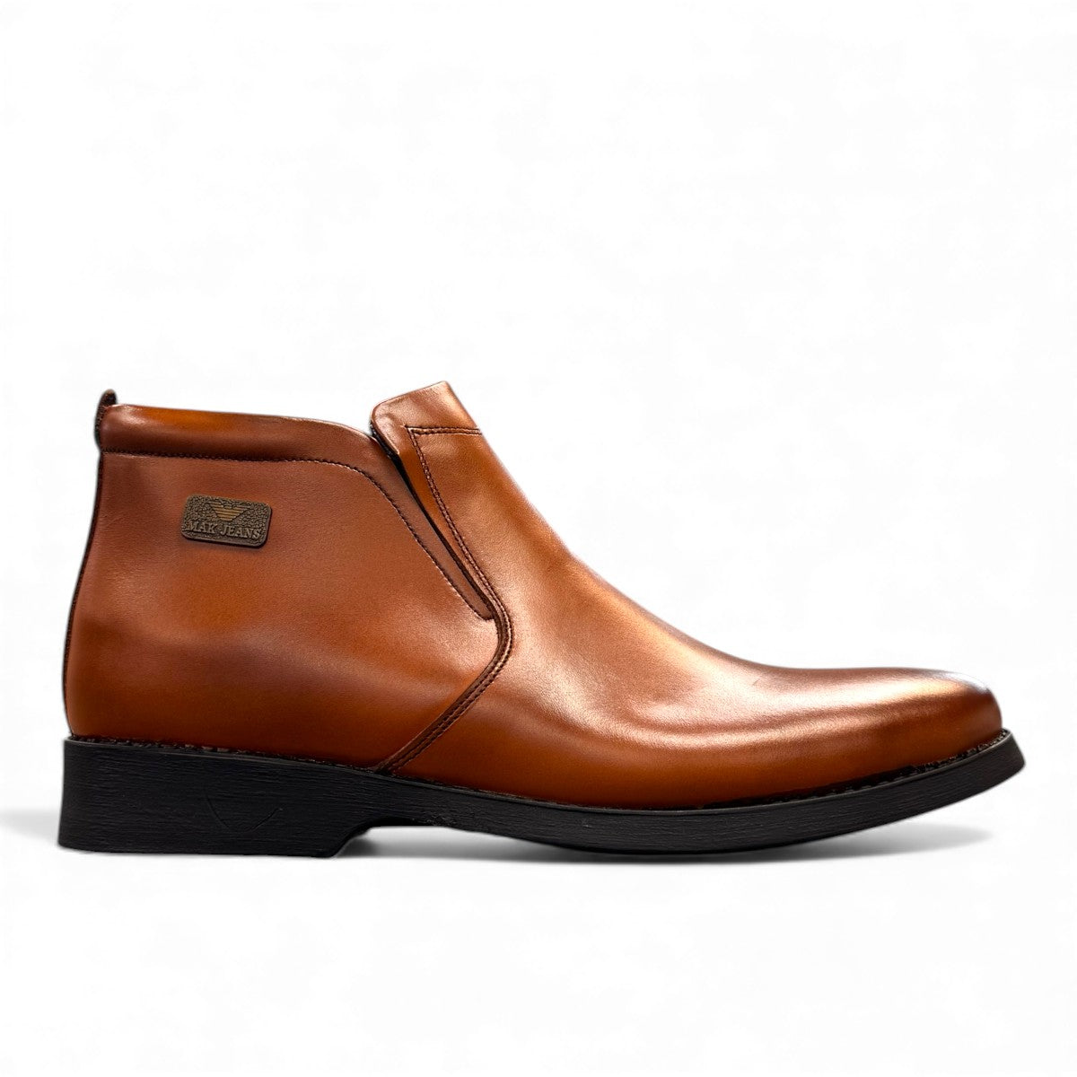 Exon Caspian light brown leather ankle boots with a rubber outsole and side detail. Photo of right side view.