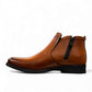 Exon Caspian light brown leather ankle boots with a rubber outsole and side detail. Photo of left side view.