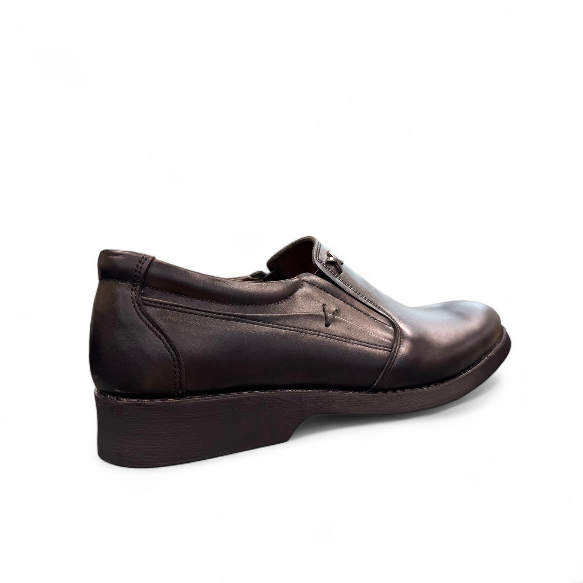EXON ISFAHAN black leather slip-on men's shoes with rubber outsole and side logo detail. Photo of back side view.