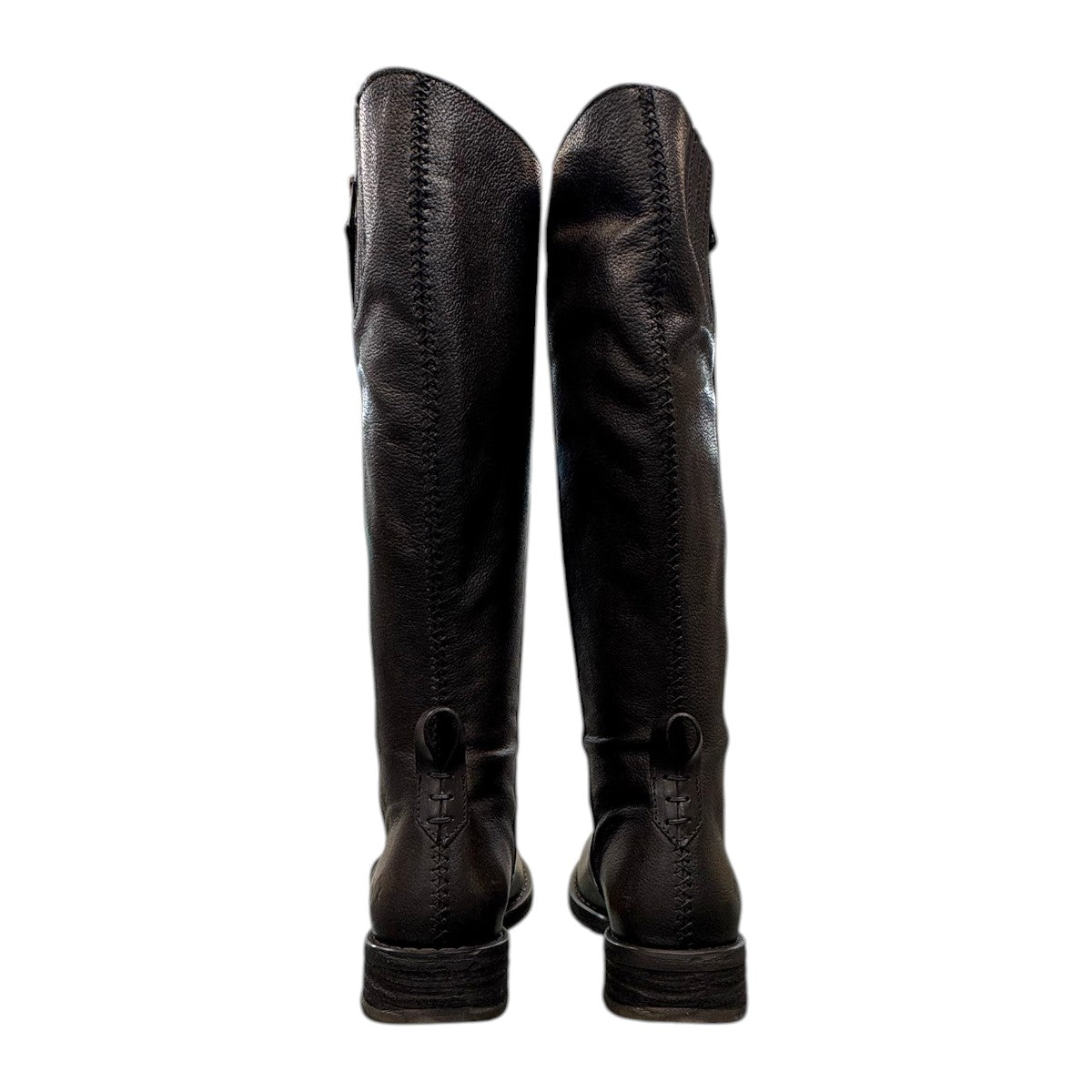 Felmini D624 black leather knee-high boots with side zipper, elastic gore, and burnished toe detail. Photo of back view.