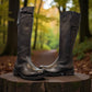 Felmini D624 black leather knee-high boots with side zipper, elastic gore, and burnished toe detail. Photo of front side view 1.
