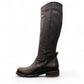 Felmini D624 black leather knee-high boots with side zipper, elastic gore, and burnished toe detail. Photo of left side view.