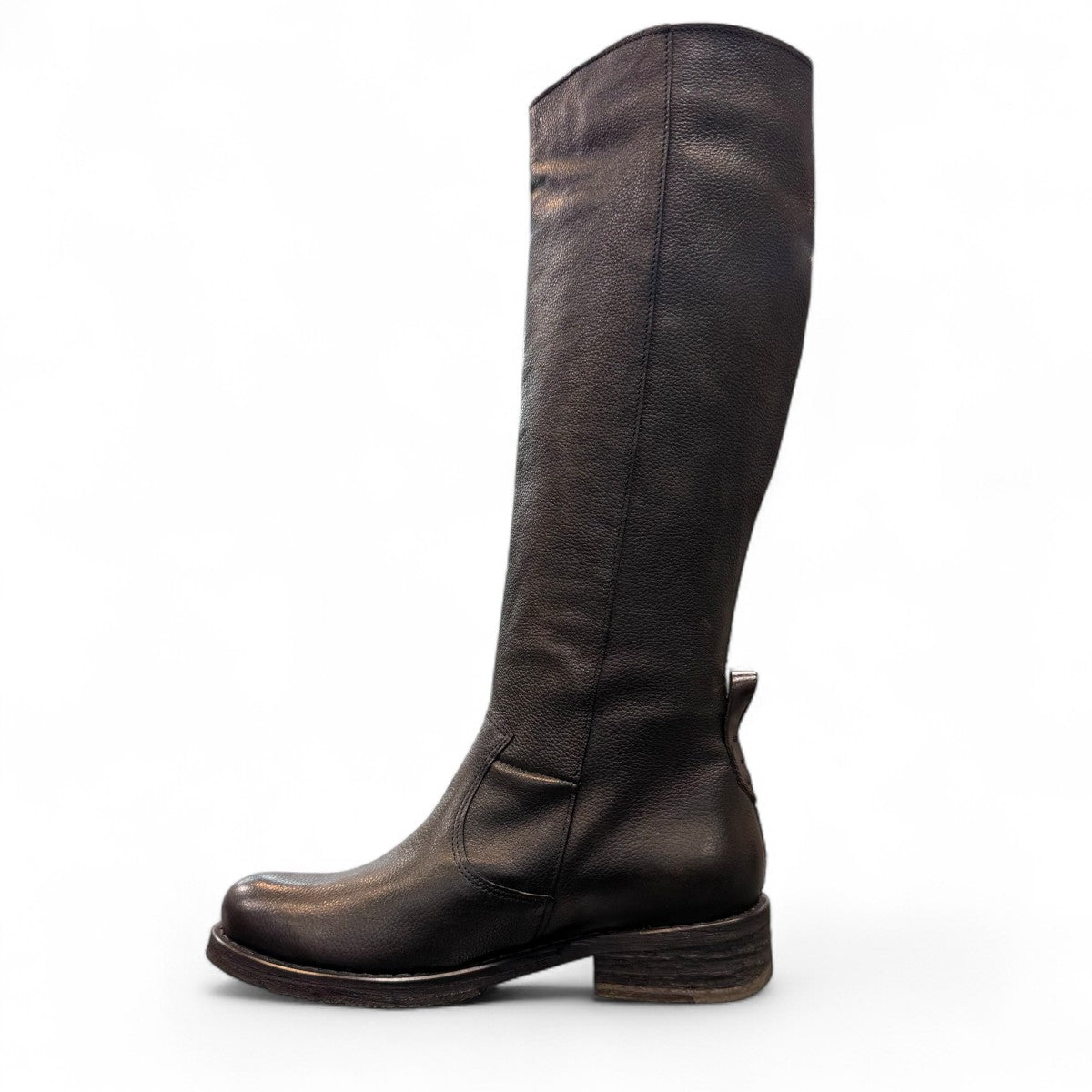 Felmini D624 black leather knee-high boots with side zipper, elastic gore, and burnished toe detail. Photo of left side view.