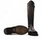 Felmini D624 black leather knee-high boots with side zipper, elastic gore, and burnished toe detail. Photo of bottom view.