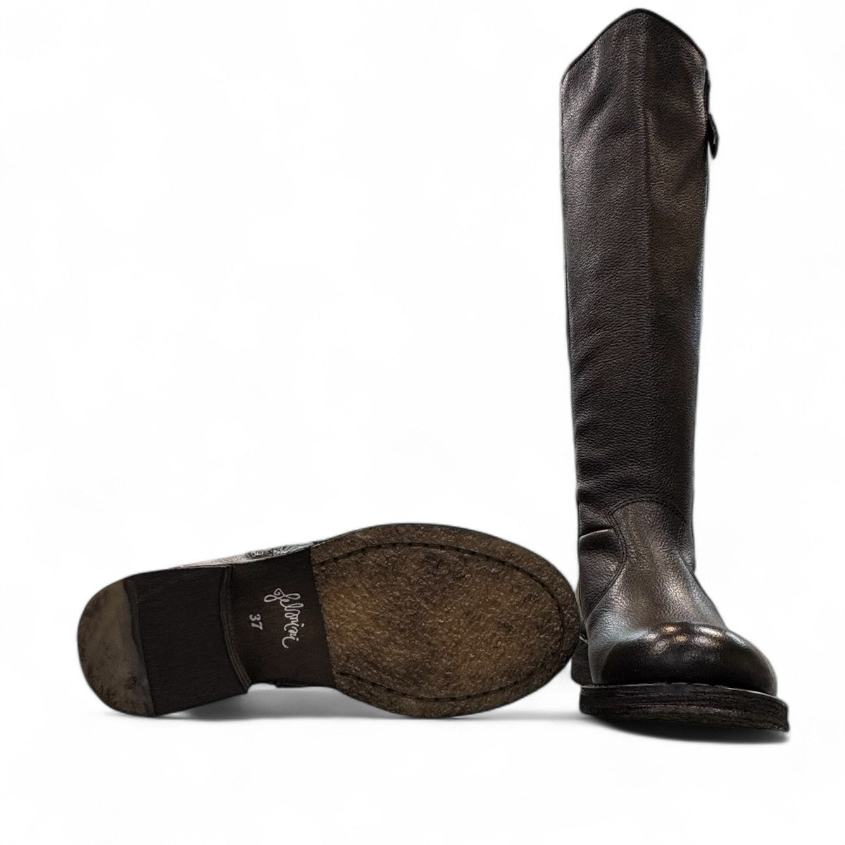 Felmini D624 black leather knee-high boots with side zipper, elastic gore, and burnished toe detail. Photo of bottom view.