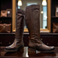 Felmini D624 brown leather knee-high boots with side zipper, elastic gore, and burnished toe detail. Photo of front side view 2.