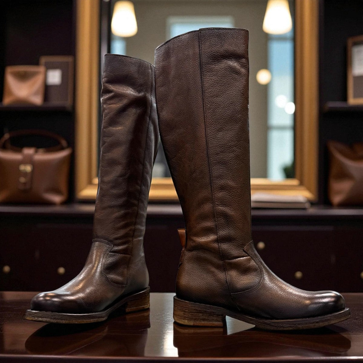 Felmini D624 brown leather knee-high boots with side zipper, elastic gore, and burnished toe detail. Photo of front side view 2.