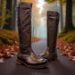 Felmini D624 brown leather knee-high boots with side zipper, elastic gore, and burnished toe detail. Photo of front side view 1.