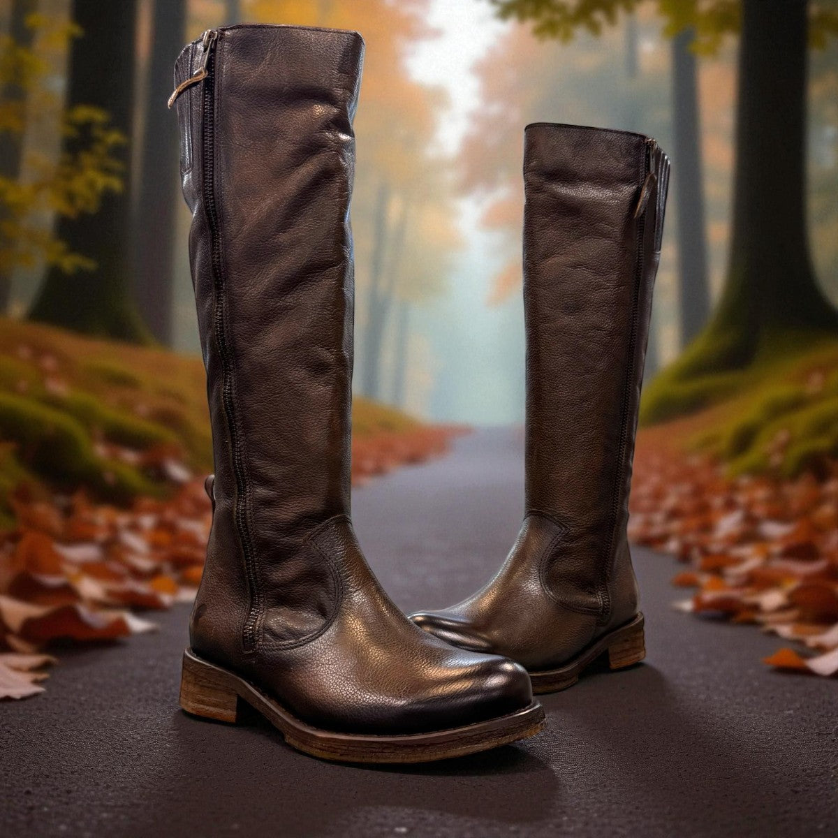 Felmini D624 brown leather knee-high boots with side zipper, elastic gore, and burnished toe detail. Photo of front side view 1.