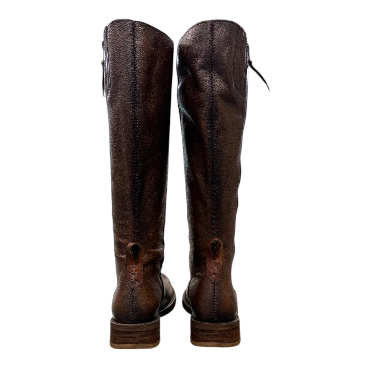 Felmini D624 brown leather knee-high boots with side zipper, elastic gore, and burnished toe detail. Photo of back view.