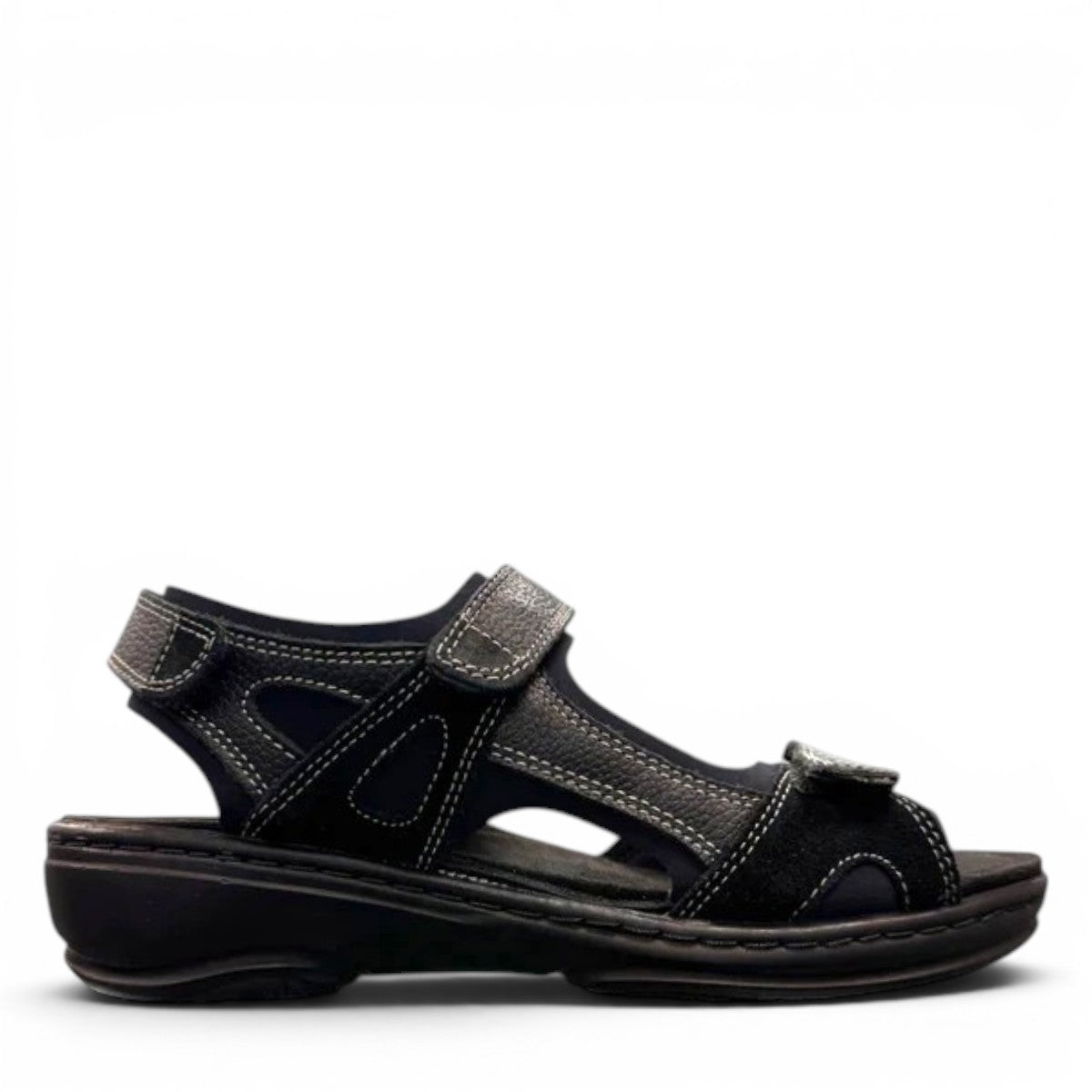 Fidelio Gini G black orthotic-friendly walking sandal with adjustable straps and cushioned cork footbed. Photo of right side view.