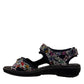 Fidelio Gini G multi-coloured patterned walking sandal with three adjustable straps and cork footbed. Photo of left side view.