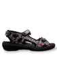 Fidelio Gini G multi-coloured patterned walking sandal with three adjustable straps and cork footbed. Photo of right side view.