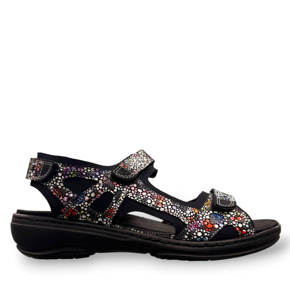 Fidelio Gini G multi-coloured patterned walking sandal with three adjustable straps and cork footbed. Photo of right side view.