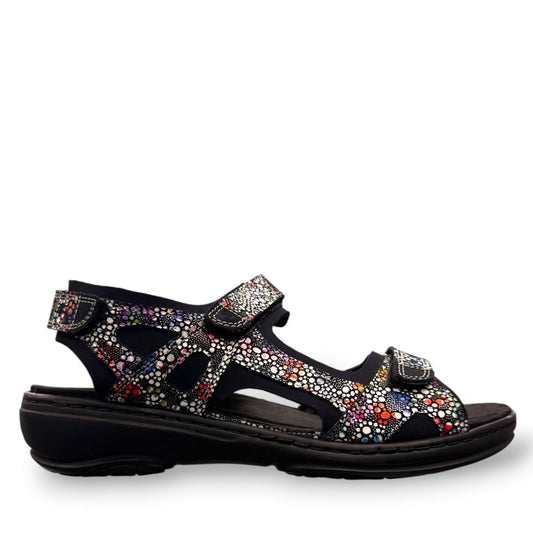 Fidelio Gini G multi-coloured patterned walking sandal with three adjustable straps and cork footbed. Photo of right side view.