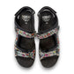 Fidelio Gini G multi-coloured patterned walking sandal with three adjustable straps and cork footbed. Photo of upper view.